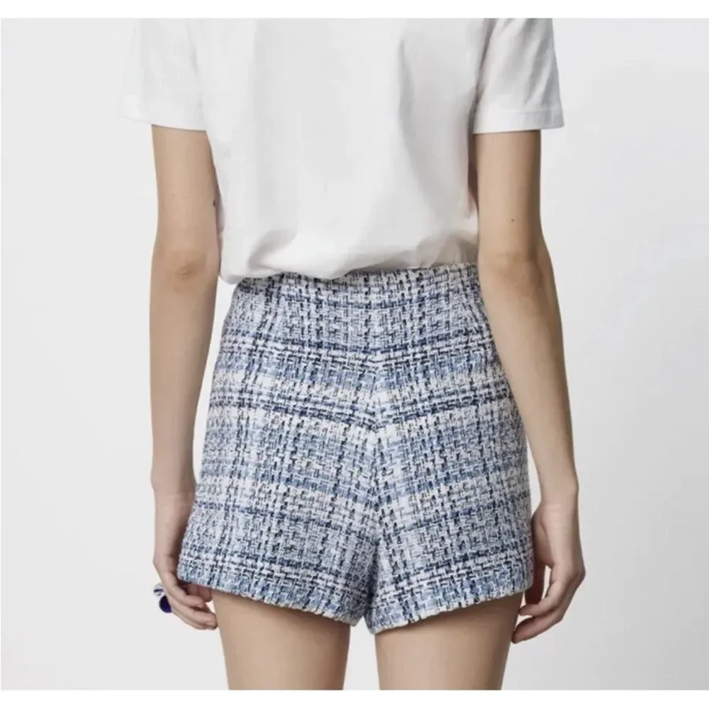 ZARA Textured Tweed Shorts Skort High Waist Blue White Buttons